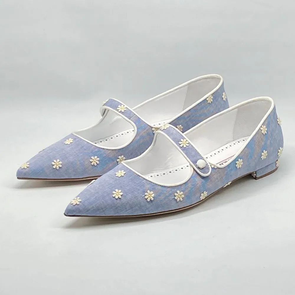 Manolo Blahnik Campari Blue Mary Jane Ballet Flats size 38.5